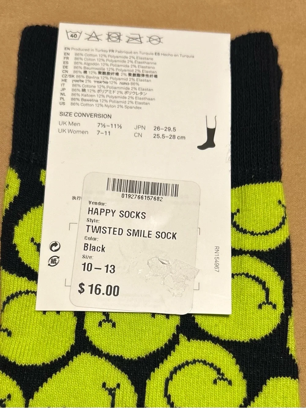 Happy Socks Black & Neon Green Smiley Pattern Crew Socks